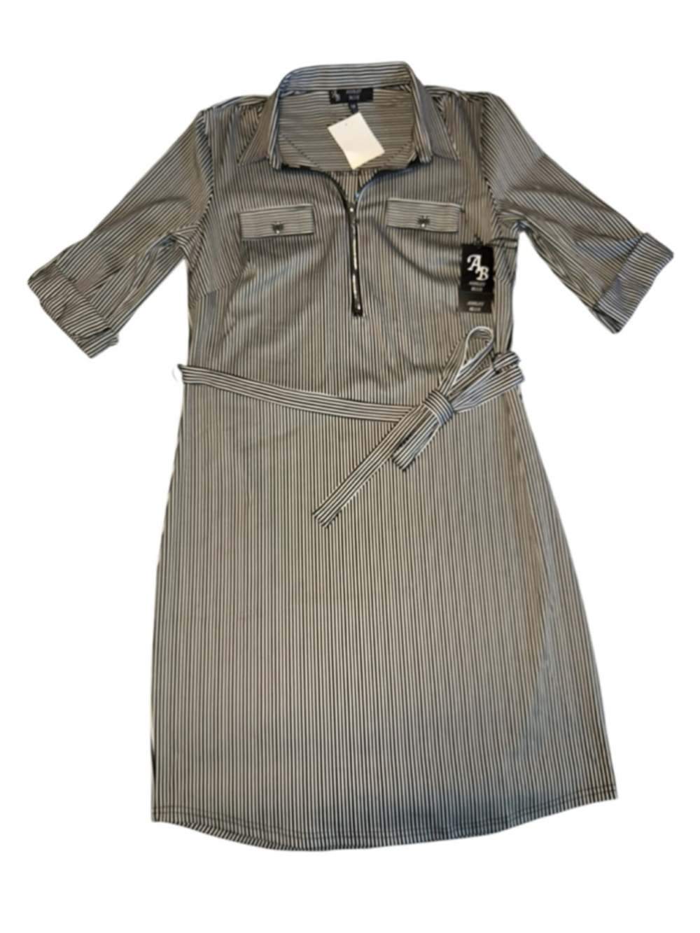 NWT Ashley Blue Black & White Stripe Belted Dress size M